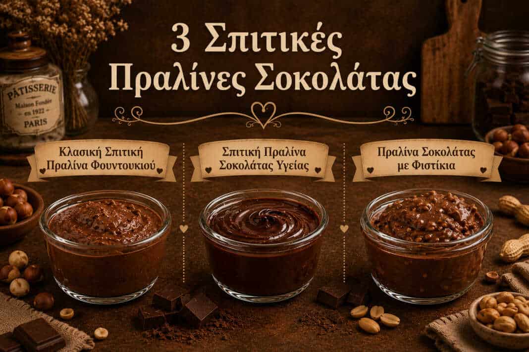 τρία γυάλινα βάζα με σπιτική πραλίνα φουντουκιού μαύρης σοκολάτας και φιστικιού