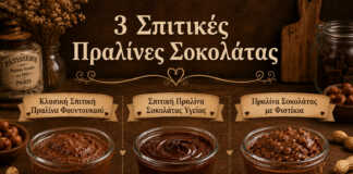 τρία γυάλινα βάζα με σπιτική πραλίνα φουντουκιού μαύρης σοκολάτας και φιστικιού