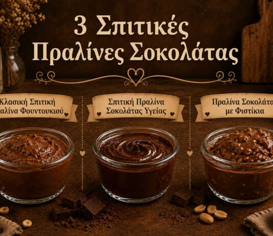τρία γυάλινα βάζα με σπιτική πραλίνα φουντουκιού μαύρης σοκολάτας και φιστικιού