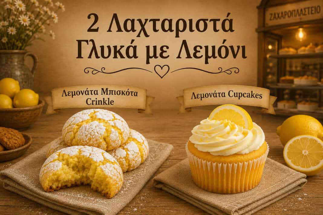 Μπισκότα λεμονιού κρακελε και αφράτα cupcakes με φρέσκο λεμόνι και άχνη ζάχαρη.