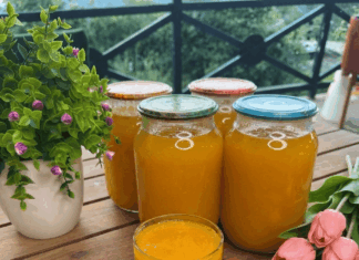 Σπιτικός χυμός ροδάκινο Γυάλινα βάζα και ποτήρι γεμάτα με πλούσιο, πορτοκαλί σπιτικό χυμό ροδάκινο δίπλα σε φρέσκα φρούτα