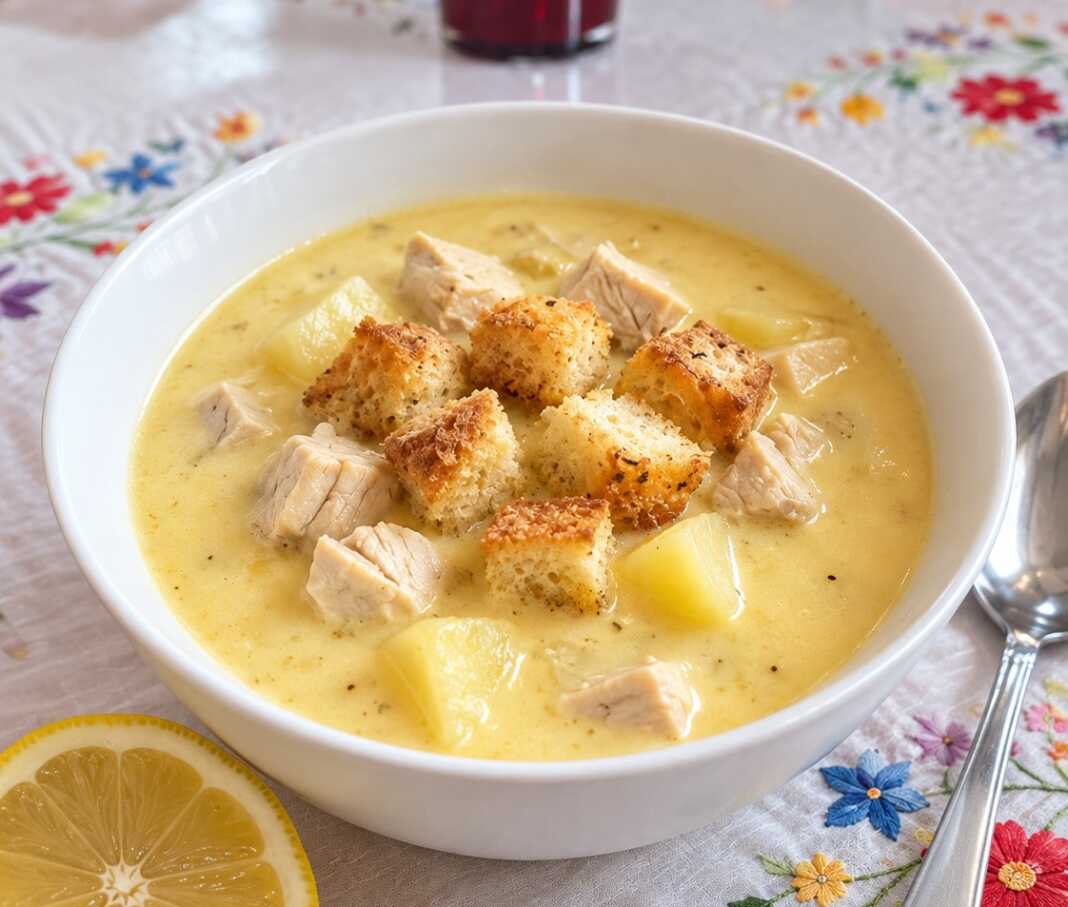 Kotosoupa Κρεμώδης σούπα κοτόπουλου με λιωμένο τυρί πατάτες και καρότο