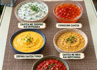 5 Σπιτικές Σάλτσες που θα σας Κάνουν να Ξεχάσετε τις Έτοιμες Πέντε διαφορετικές σπιτικές σάλτσες σε μπολάκια για πατάτες, κοτόπουλο και κρέας