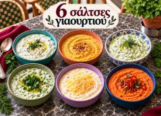 6 Εύκολες Σάλτσες Γιαουρτιού για Κρέας, Πατάτες και Σαλάτες Έξι διαφορετικές σπιτικές σάλτσες γιαουρτιού σε μικρά μπολ με σκόρδο, αγγούρι, μυρωδικά, μουστάρδα και ντομάτα