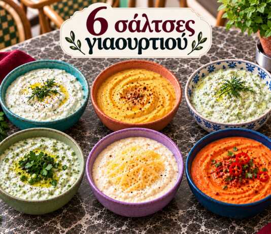 Έξι διαφορετικές σπιτικές σάλτσες γιαουρτιού σε μικρά μπολ με σκόρδο, αγγούρι, μυρωδικά, μουστάρδα και ντομάτα
