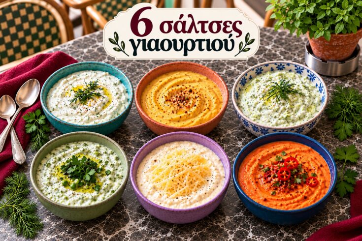 Έξι διαφορετικές σπιτικές σάλτσες γιαουρτιού σε μικρά μπολ με σκόρδο, αγγούρι, μυρωδικά, μουστάρδα και ντομάτα