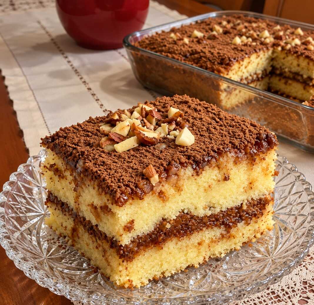 glyko-krystallino-piato-pyrex-trapezi Ατομικό γλυκό με στρώσεις από αφράτο παντεσπάνι, ζαχαρούχο γάλα και κακάο