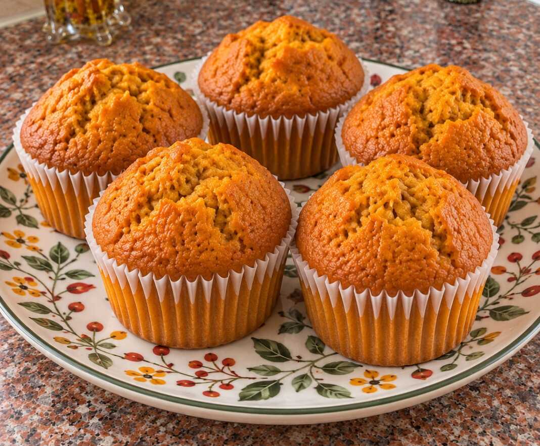 Χρυσαφένια muffins κολοκύθας με κανέλα σε χάρτινες θήκες, με αφράτη και ζουμερή πορτοκαλί ψίχα
