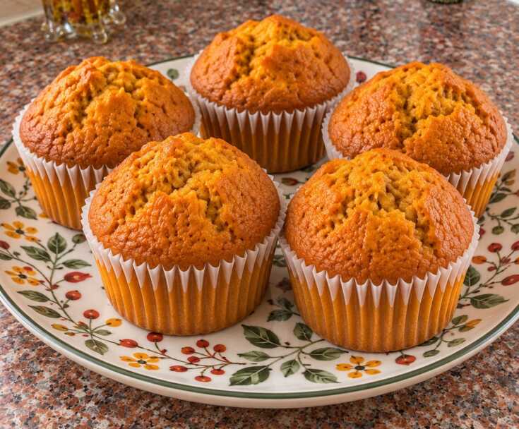 Χρυσαφένια muffins κολοκύθας με κανέλα σε χάρτινες θήκες, με αφράτη και ζουμερή πορτοκαλί ψίχα