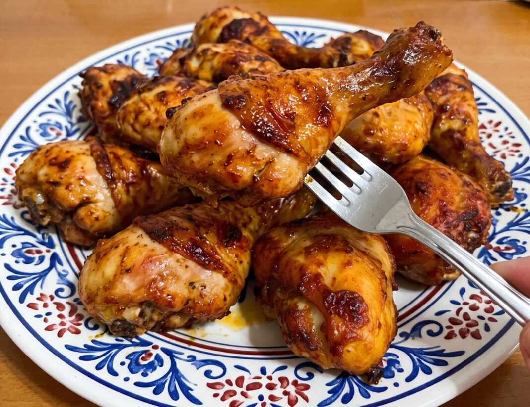 kotopoulo bbq Χρυσαφένια μπουτάκια κοτόπουλου με γυαλιστερή BBQ σάλτσα σε ταψί