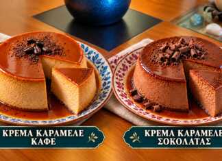 Κρέμα καραμελέ καφέ και σοκολάτας με γυαλιστερή καραμέλα σε πιάτο