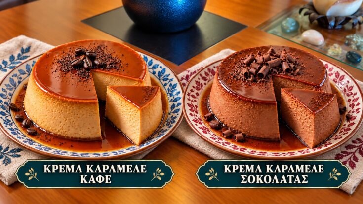 Κρέμα καραμελέ καφέ και σοκολάτας με γυαλιστερή καραμέλα σε πιάτο