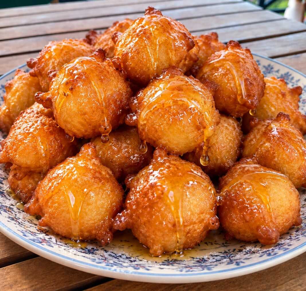 loukoumades me meli Μικρές χρυσαφένιες τηγανίτες μπουκιές πασπαλισμένες με ζάχαρη άχνη σε πιάτο