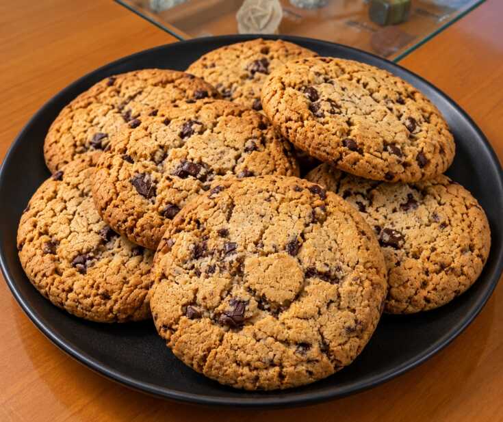 Μεγάλα χρυσαφένια cookies με κομμάτια σοκολάτας και καβουρδισμένα καρύδια με μαλακό κέντρο