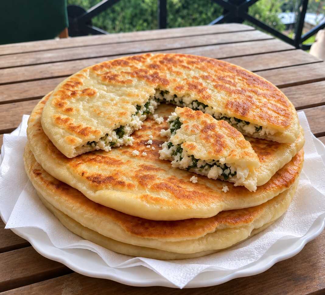 Στρογγυλές χρυσαφένιες πίτες στο τηγάνι με γέμιση από φέτα και άνηθο