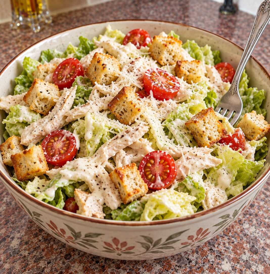 salata ceasar Σαλάτα Caesar με κομμάτια κοτόπουλου, ντοματίνια, παρμεζάνα και χρυσαφένια σπιτικά κρουτόν