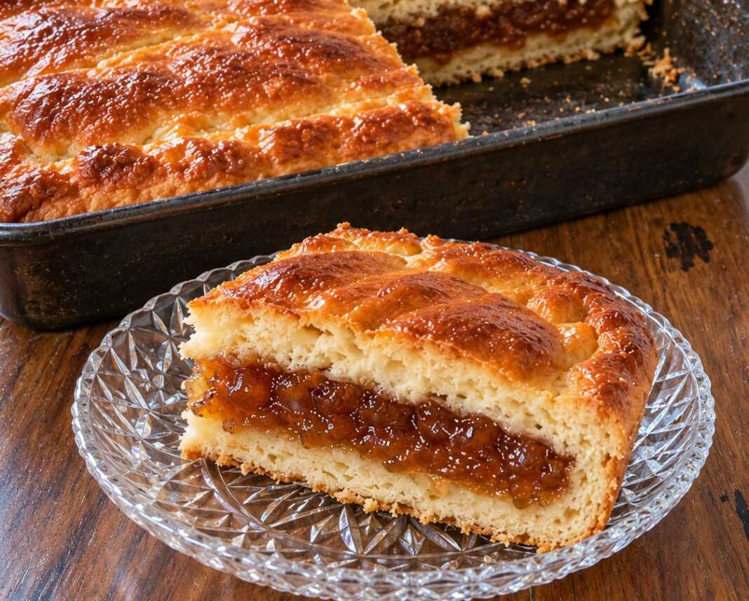 tarta me gemisi marmelada Ορθογώνια ανοιχτή τάρτα με παχύρρευστη γέμιση μήλου και χρυσαφένιο στεφάνι από ζύμη μαγιάς
