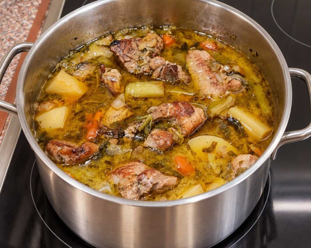 Χοιρινό με πατάτες, καρότα, πράσο και σέλινο σε λεμονάτη σάλτσα αυγολέμονου